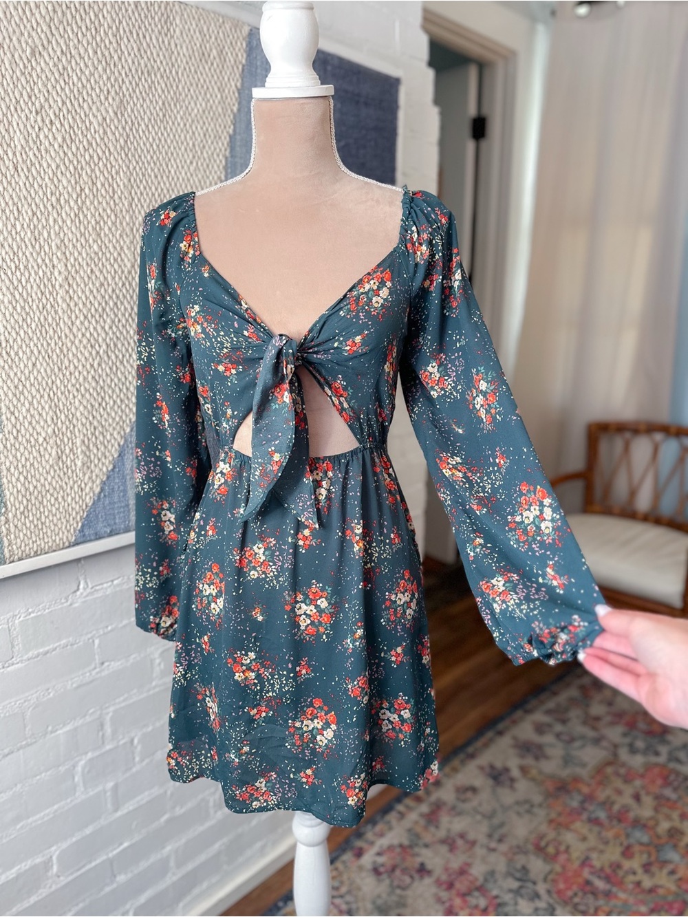 Inspired Hearts Green Tie Front Balloon Sleeve Dress